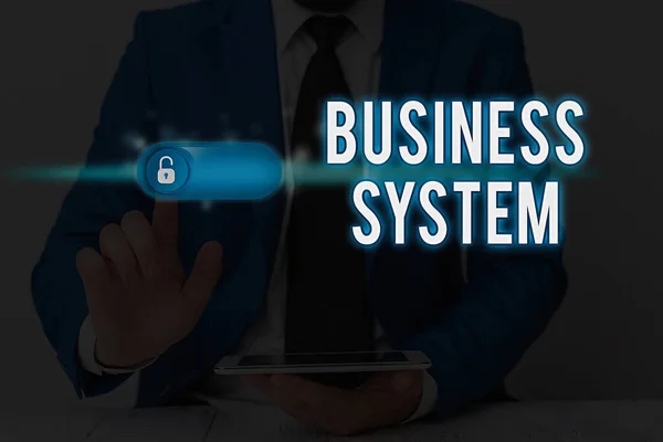 Writing note showing Business System. Business photo showcasing A method of analyzing the information of organizations. — Stock Photo, Image