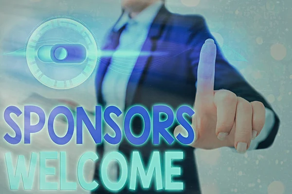 Conceptual hand writing showing Sponsors Welcome. Business photo showcasing announcing that you accept investing in your company. — Stock Photo, Image
