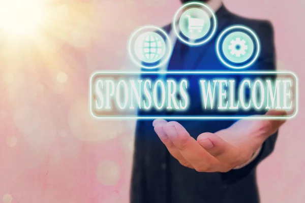 Text sign showing Sponsors Welcome. Conceptual photo announcing that you accept investing in your company. — Stock Photo, Image