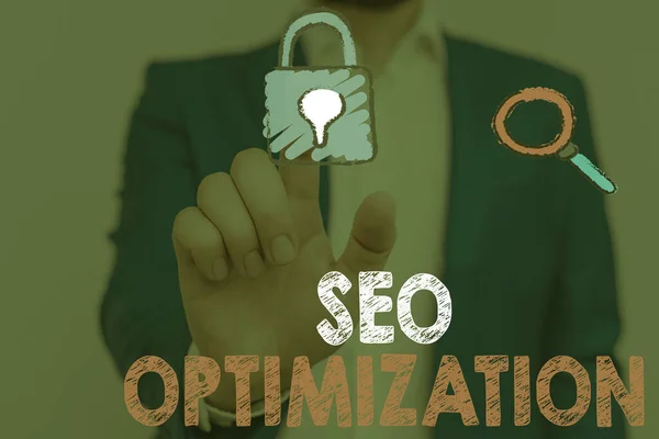 손 글씨는 Seo Optimization 을 보여 주고 있다. 온라인 웹 사이트나 페이지에 영향을 미치는 비즈니스 사진 텍스트 프로세스. — 스톡 사진