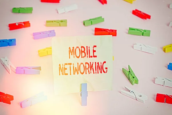 मोबाइल नेटवर्किंग दिखाने वाली संकल्पनात्मक हाथ लेखन। व्यापार फोटो पाठ संचार नेटवर्क जहां अंतिम लिंक वायरलेस रंगीन कपड़ेपेपर खाली अनुस्मारक गुलाबी तल कार्यालय पिन है . — स्टॉक फ़ोटो, इमेज