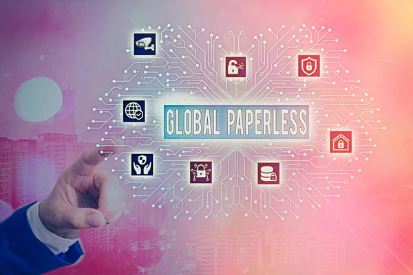 Word writing text Global Paperless (en inglés). Concepto de negocio para ir por métodos tecnológicos como el correo electrónico en lugar de papel . —  Fotos de Stock