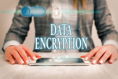 Writing note showing Data Encryption. Business photo showcasing Symmetrickey algorithm for the encrypting electronic data. clipart