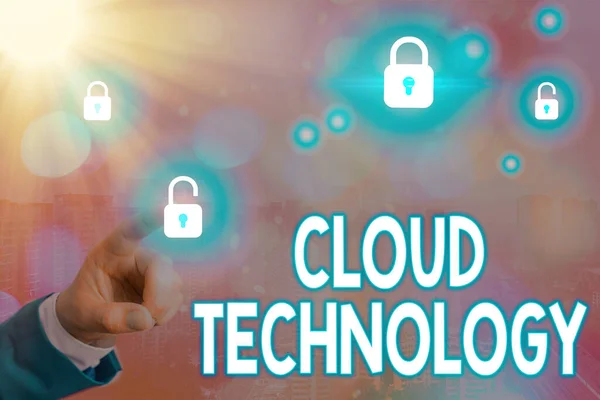 Felhő technológiát mutató szöveges jel. Koncepcionális fotótárolás és az adatok és programok interneten keresztüli elérése. — Stock Fotó