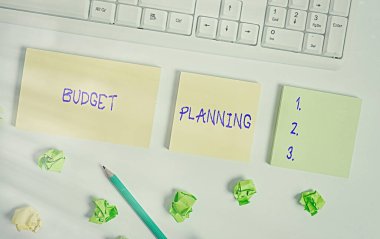 Writing note showing Budget Planning. Business photo showcasing The written description about current and future expenses Flat lay above blank copy space sticky notes with business concept. clipart