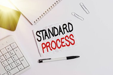 Kelime yazma Standart Süreç. Son ürün kalitesiyle eşleşmesi gereken iş konsepti bilgisayar cep telefonu kaleminin üzerinde yatar ve uzay not kağıdını kopyalar.