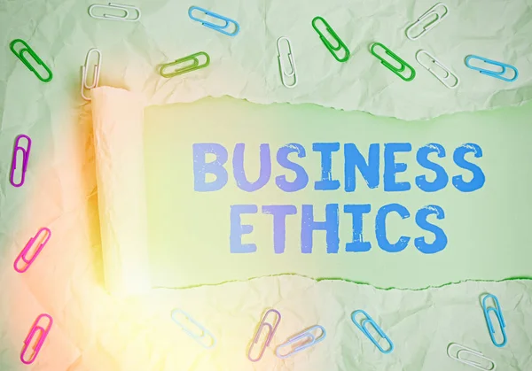 Word writing text Business Ethics. Business concept for Moral principles that guide the way a business behaves.