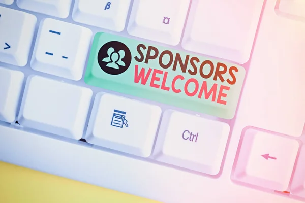 Текст для написания слов Sponsors Welcome. Бизнес-концепция для объявления о том, что вы принимаете инвестиции в вашу компанию . — стоковое фото
