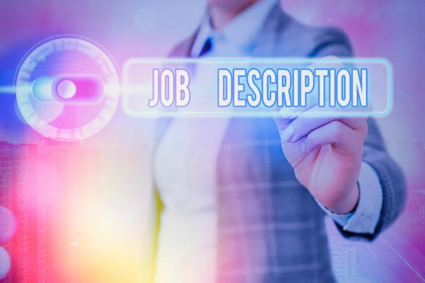 Scrivere nota che mostra Job Description. Business photo showcase Un documento che descrive le responsabilità di una posizione . — Foto Stock