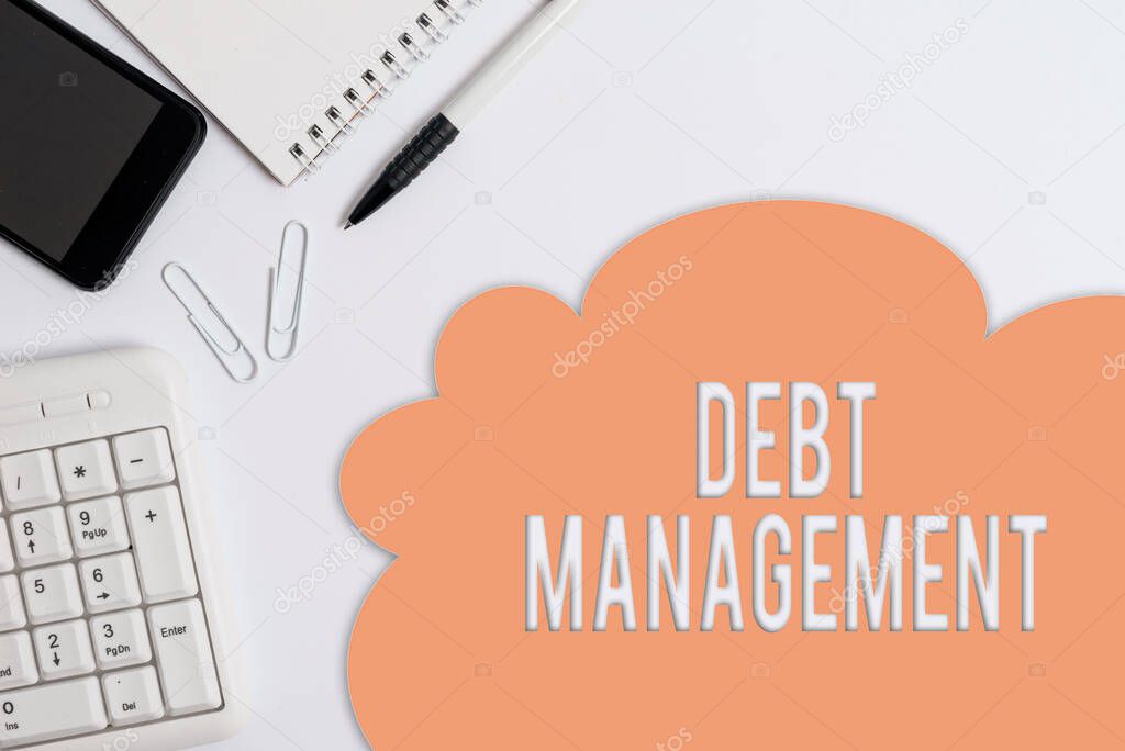 Text sign showing Debt Management. Conceptual photo The formal agreement between a debtor and a creditor Business concept with blank white space for advertising and text message.