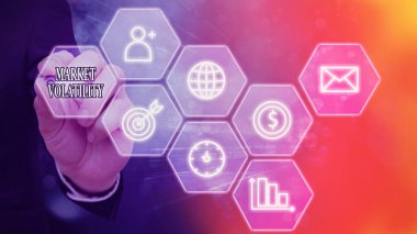 Metin levhası piyasa değişkenliğini gösteriyor. Altta yatan konsept fotoğraf menkul kıymet fiyatları istikrar durumunu dalgalandırıyor.