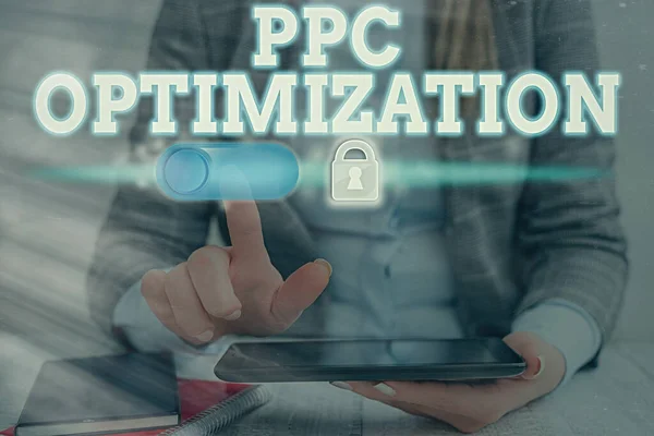 Conceptueel handschrift met Ppc optimalisatie. Zakelijke foto presentatie Verbetering van zoekmachine platform voor betalen per klik. — Stockfoto