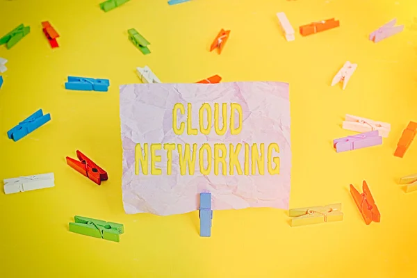Word writing text Cloud Networking. Business concept for is term describing access of networking resources Colored clothespin papers empty reminder yellow floor background office.