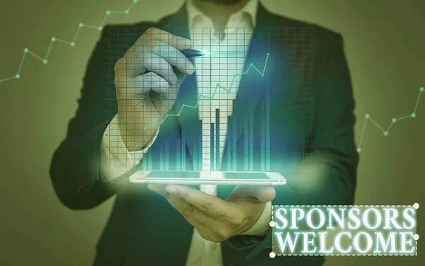 Textschild mit der Aufschrift "Sponsoren willkommen". Konzeptfoto, das ankündigt, dass Sie Investitionen in Ihr Unternehmen akzeptieren. — Stockfoto