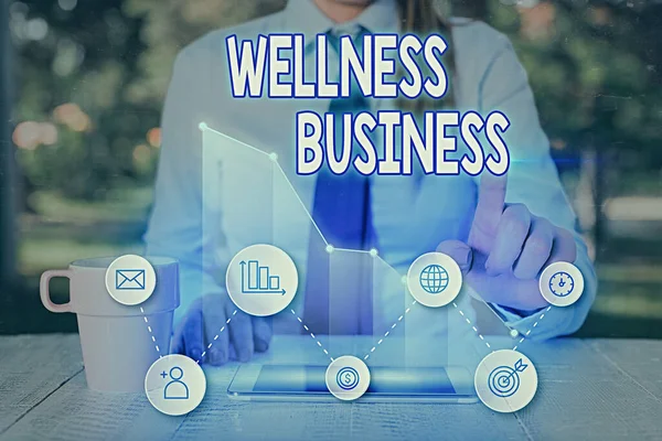Tekst odręcznego pisania Wellness Business. Koncepcja oznacza Profesjonalne przedsięwzięcie skupiające się na zdrowiu umysłu i ciała. — Zdjęcie stockowe