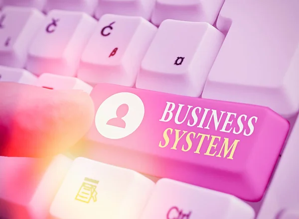 Writing note showing Business System. Business photo showcasing A method of analyzing the information of organizations. — Stock Photo, Image