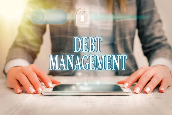 Writing note showing Debt Management. Business photo showcasing The formal agreement between a debtor and a creditor. — Stock Photo, Image