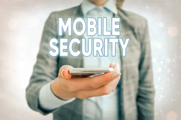 Conceptueel handschrift met Mobile Security. Zakelijke foto presentatie Bescherming van mobiele telefoon tegen bedreigingen en kwetsbaarheden. — Stockfoto