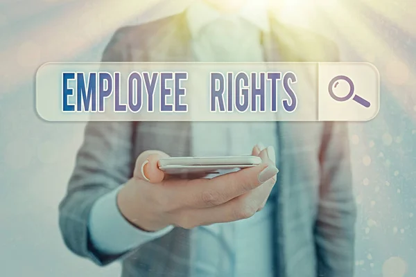 직원의 권리를 보여 주는 양자 손 글씨. 사업 사진을 보여 주는 모든 고용인들은 그들의 일터에서 기본 권을 가지고 있다. — 스톡 사진