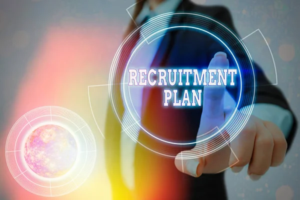 Conceptual hand writing showing Recruitment Plan. Business photo showcasing saving money in order to use it when you quit working Elements of this image furnished by NASA. — Stock Photo, Image