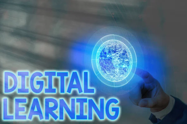 Text sign showing Digital Learning. Conceptual photo accompanied by technology or by instructional practice Elements of this image furnished by NASA.