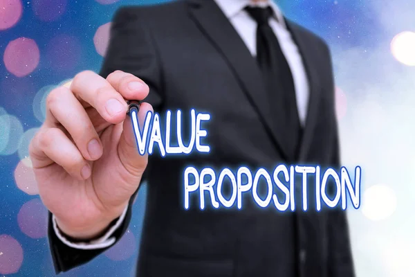Woordschrijvende tekst Value Proposition. Bedrijfsconcept voor service maakt bedrijf of product aantrekkelijk voor klanten. — Stockfoto