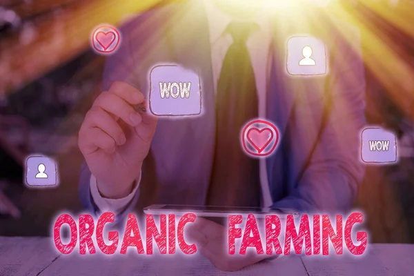 Textový rukopis Organic Farming. Koncepce znamená integrovaný zemědělský systém, který usiluje o udržitelnost. — Stock fotografie