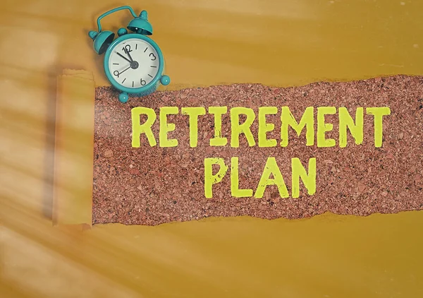 Conceptual hand writing showing Retirement Plan. Business photo showcasing saving money in order to use it when you quit working. — Stock Photo, Image