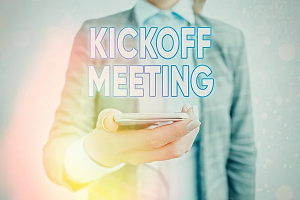 Hand writing sign Kick Off Meeting, Concept meaning first meeting with the  project team and the client Stock Photo - Alamy