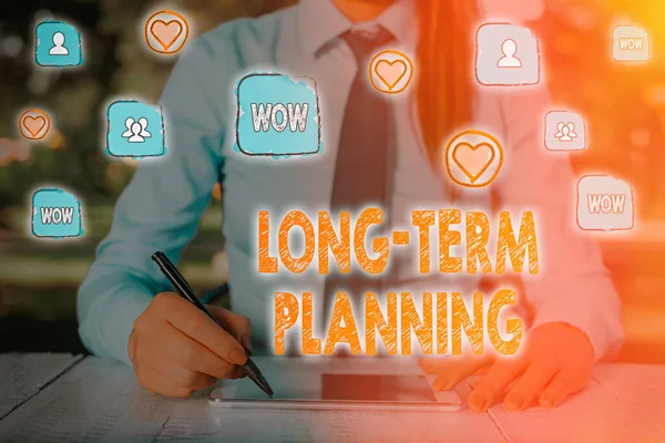 Nota di scrittura che mostra la pianificazione a lungo termine. Business photo showcase Stabilire gli obiettivi attesi cinque o più anni prima . — Foto Stock