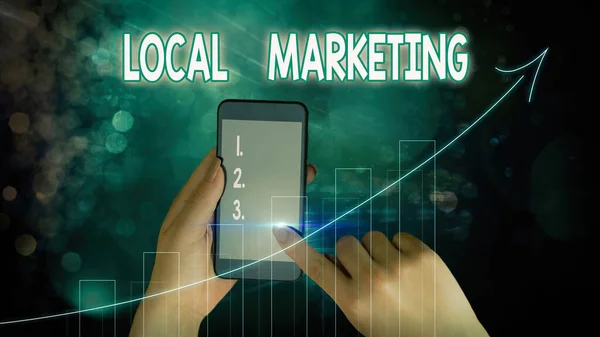 Text sign showing Local Marketing. Conceptual photo A local business where a product buy and sell in area base.