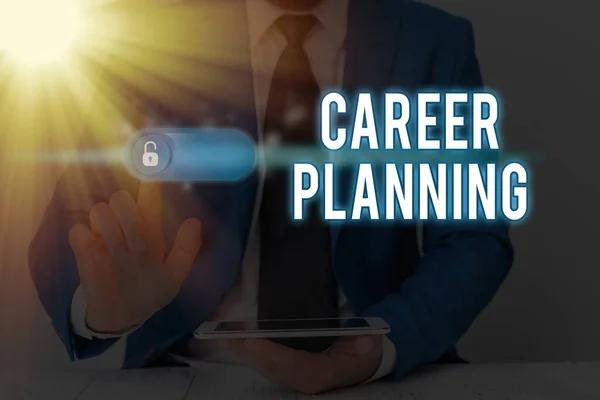 Schrijfbriefje met carrièreplanning. Business photo showcasing Een lijst van doelstellingen en de acties die u kunt nemen om ze te bereiken. — Stockfoto