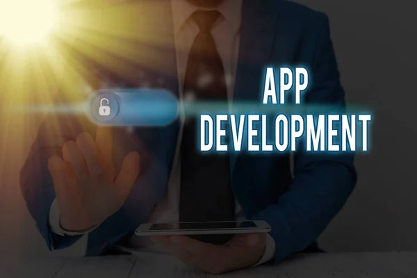 Writing note showing App Development. Business photo showcasing Development services for awesome mobile and web experiences.