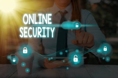 Çevrimiçi Güvenliği gösteren mesaj işareti. İnternet üzerindeki saldırılara karşı korunmak için kavramsal fotoğraf kuralları.