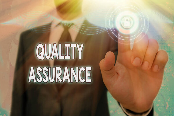 Handwriting text Quality Assurance. Concept meaning Ensures a certain level of quality Established requirement.