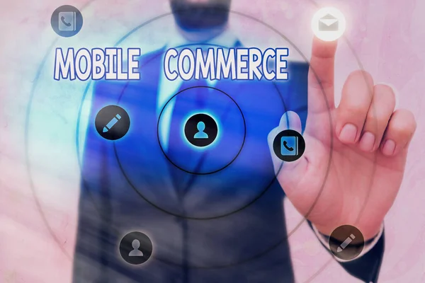 Conceptual hand writing showing Mobile Commerce. Business photo text Using mobile phone to conduct commercial transactions online. — Stock Photo, Image