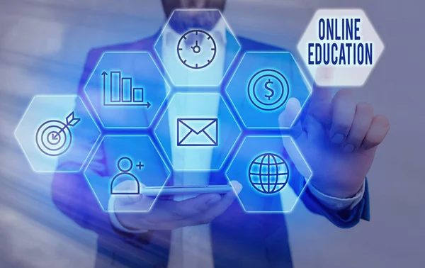 Schrijfbriefje met online onderwijs. Bedrijfsfoto presentatie studie en ethische praktijk van het faciliteren van het leren. — Stockfoto
