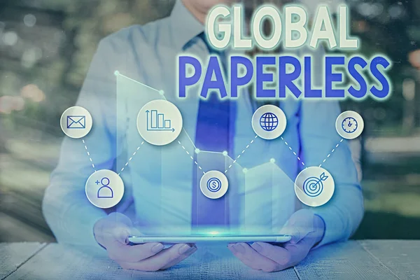 Escritura manual conceptual que muestra Global Paperless. Texto de foto de negocios va para métodos de tecnología como el correo electrónico en lugar de papel . —  Fotos de Stock