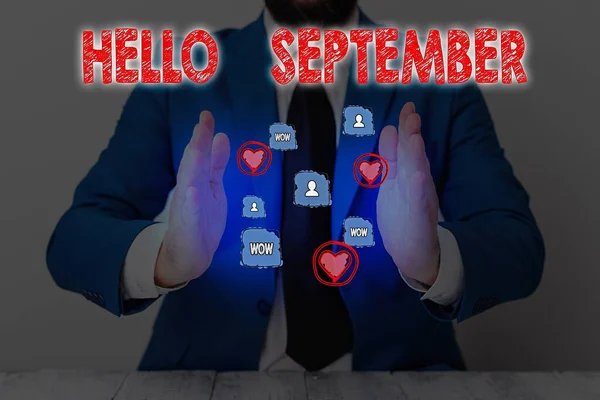 Textschild mit Hallo September. Konzeptfoto Eifrig wünscht sich ein herzliches Willkommen im Monat September. — Stockfoto