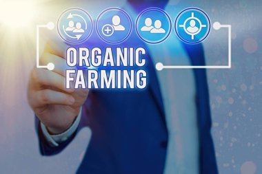 Mesaj işareti organik çiftçiliği gösteriyor. Kavramsal fotoğraf sürdürülebilirlik için çabalayan birleşik tarım sistemi.