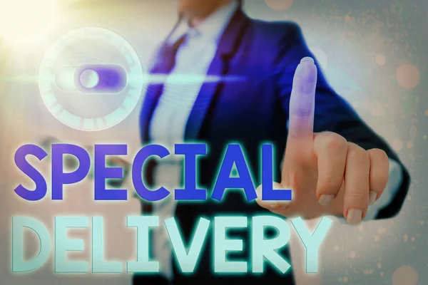 Konzeptionelle Handschrift, die Special Delivery zeigt. Geschäftsfotos, die Produkte oder Dienstleistungen an jedem beliebigen Ort direkt nach Hause bringen. — Stockfoto