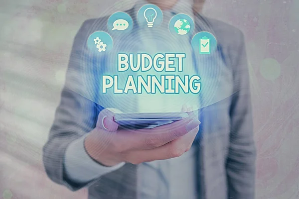 Text sign showing Budget Planning. Conceptual photo The written description about current and future expenses. — Stock Photo, Image