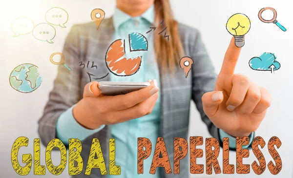 Escritura manual conceptual que muestra Global Paperless. Foto de negocios mostrando ir a por métodos de tecnología como el correo electrónico en lugar de papel . —  Fotos de Stock