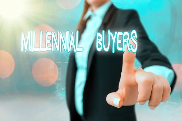 Schrijfbriefje met Millennial Buyers. Business foto showcasing Type consument die geïnteresseerd zijn in trending producten. — Stockfoto