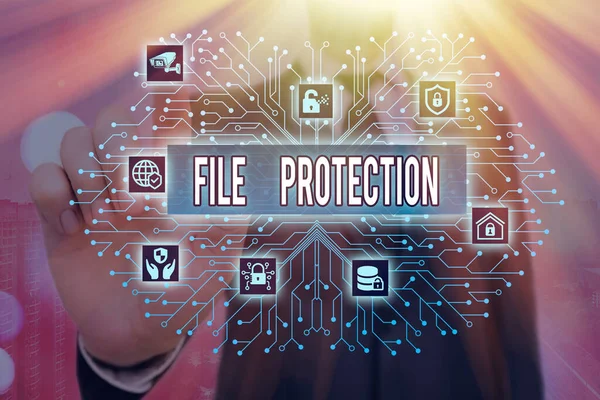 Writing note showing File Protection. Business photo showcasing Preventing accidental erasing of data using storage medium.