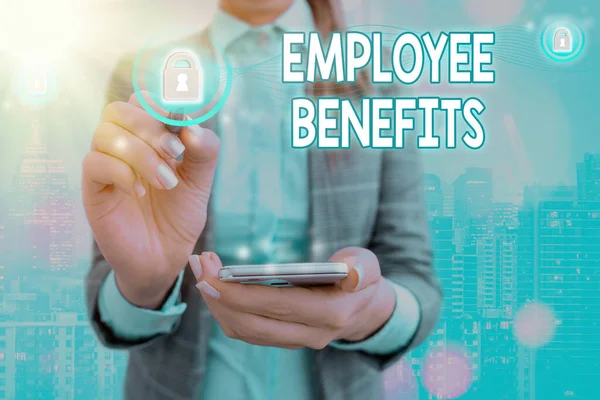 Conceptual hand writing showing Employee Benefits. Business photo text Indirect and noncash compensation paid to an employee. — Stock Photo, Image