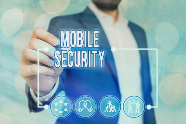 Textschild, das Mobile Security zeigt. Konzeptfotos Schutz des Mobiltelefons vor Bedrohungen und Schwachstellen. — Stockfoto