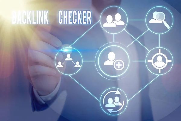 Texto de escritura de palabras Backlink Checker. Concepto de negocio para Encuentra a tus competidores más valiosos y patrones planos . — Foto de Stock