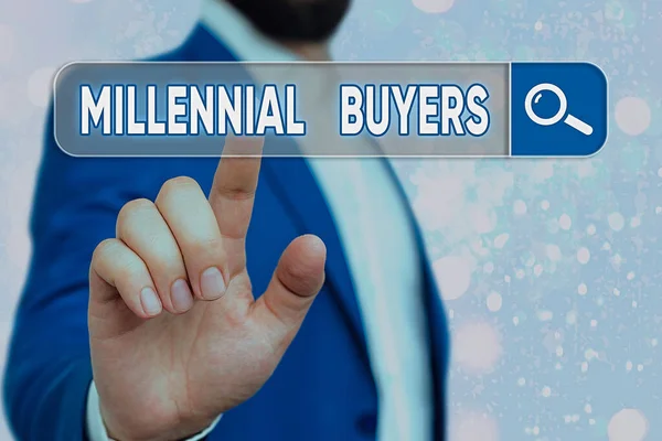 Tekstbord met Millennial Buyers erop. Conceptuele foto Type consument die geïnteresseerd is in trending producten. — Stockfoto