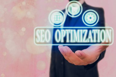 Seo 'nun İyimserliğini gösteren metin işareti. Web sitesinin veya sayfanın çevrimiçi görünürlüğünü etkileyen kavramsal fotoğraf süreci.